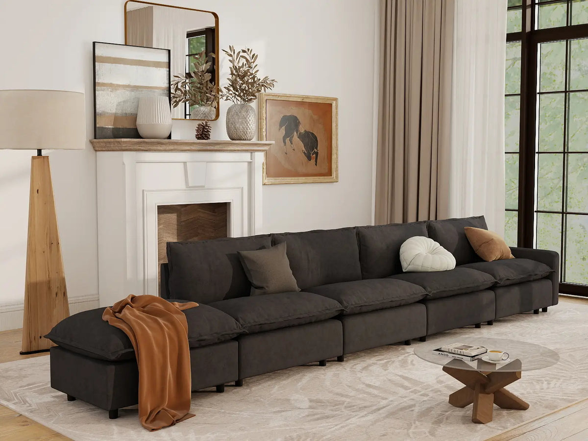5 Piece Grey Linen Home Living Couch Sectionals 4 Seater with 1 Ottoman 1