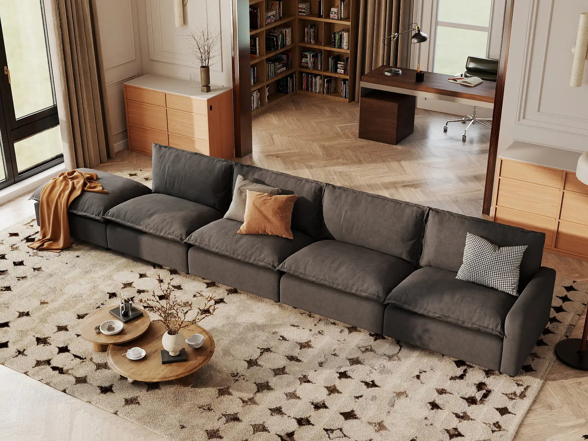 5 Piece Grey Linen Home Living Couch Sectionals 4 Seater with 1 Ottoman 5