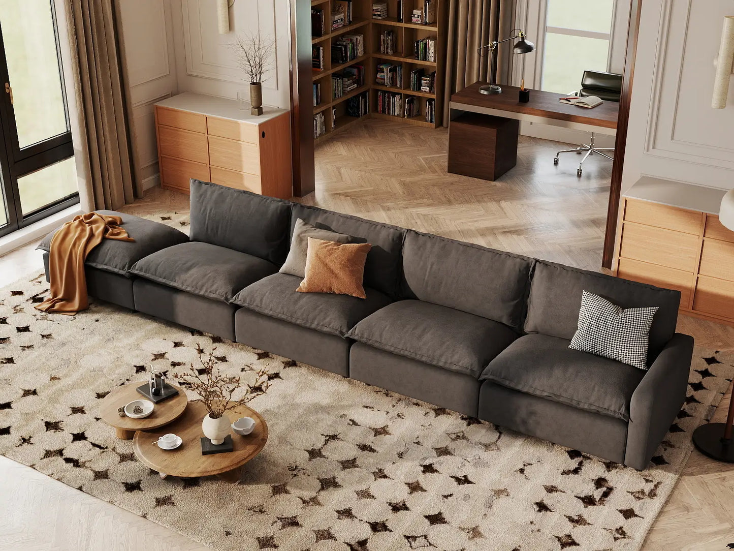 5 Piece Grey Linen Home Living Couch Sectionals 4 Seater with 1 Ottoman 5