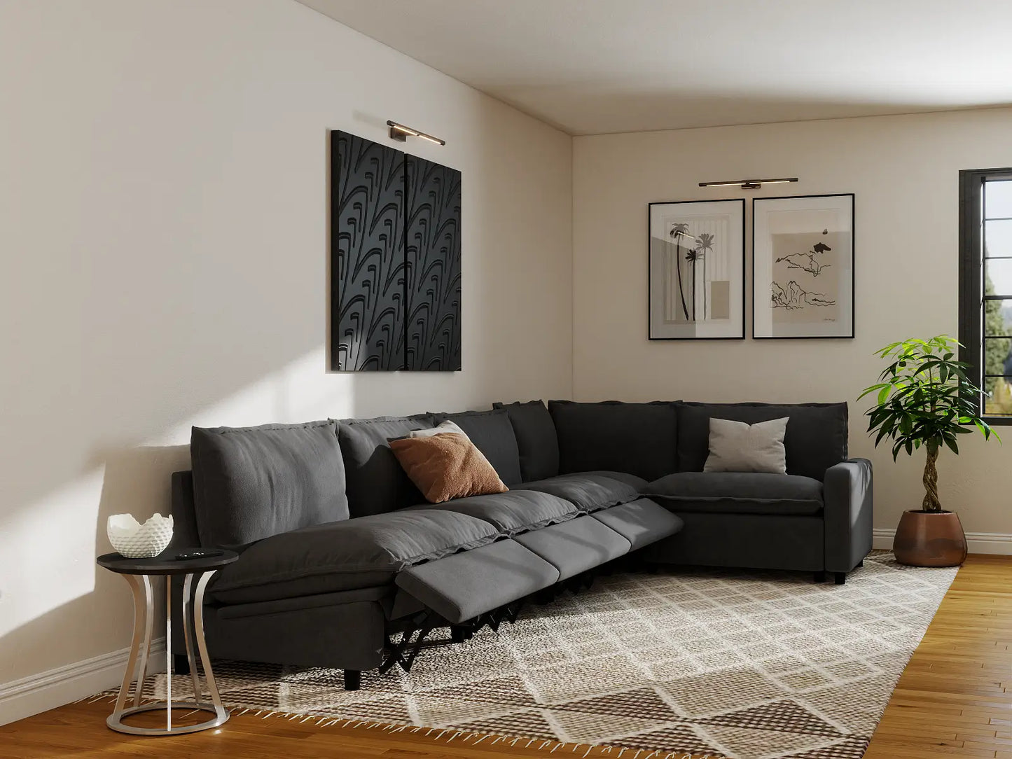 Modular Cero Reclining Sectionals | 5-Piece Grey Linen Large Space L-Shaped Sectionals 5-Seater