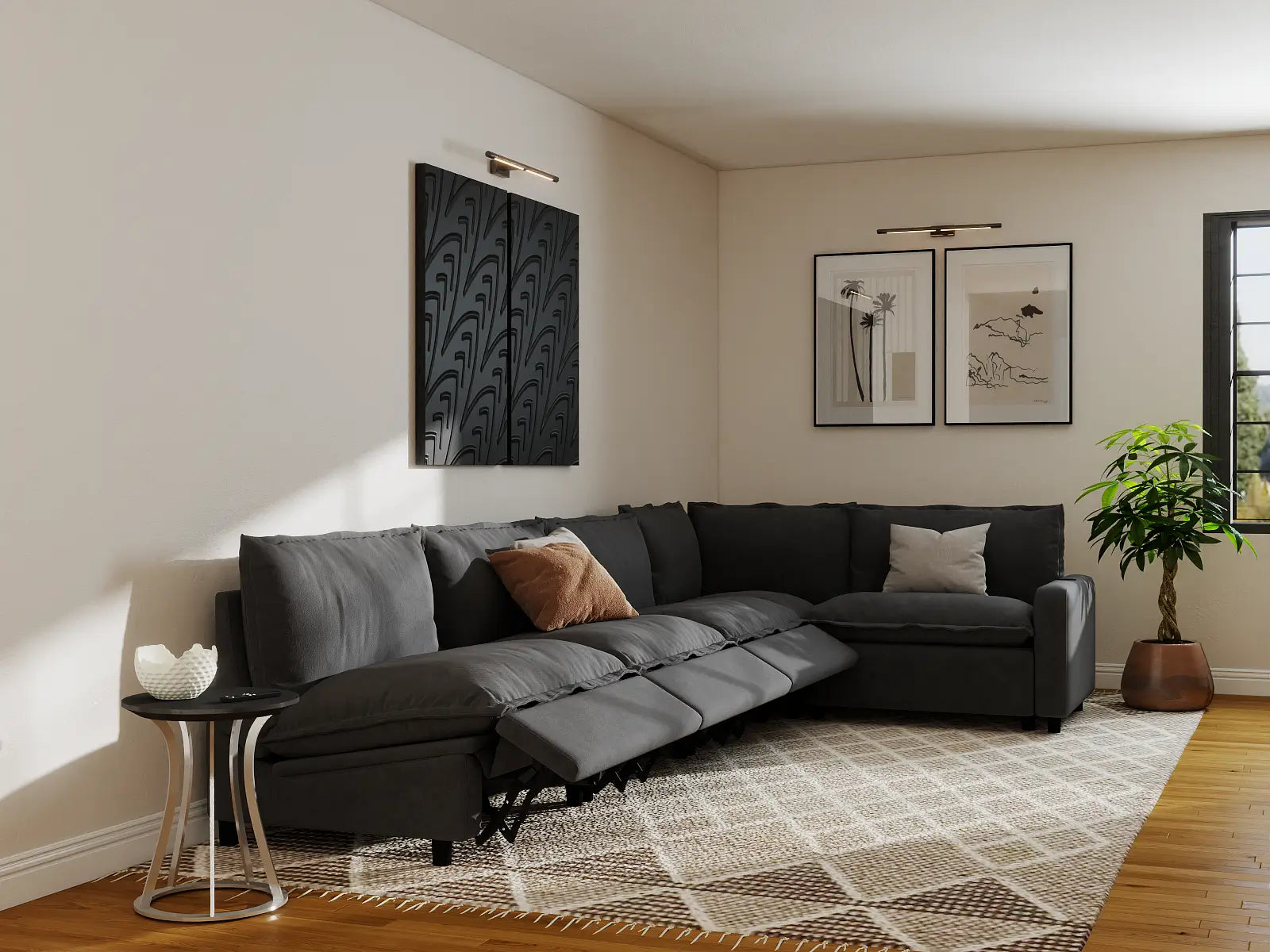 Modular Cero Recliner Sectional | 5-Piece Grey Linen Large Space L-Shaped Sectionals 5-Seater