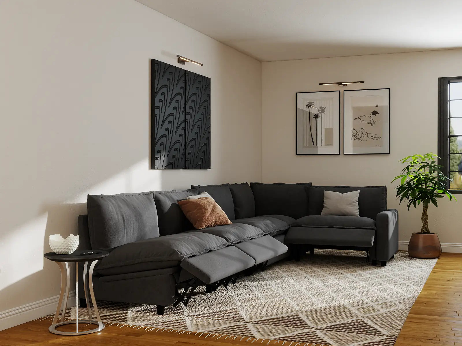 Modular Cero Recliner Sectional | 5-Piece Grey Linen Large Space L-Shaped Sectionals 5-Seater