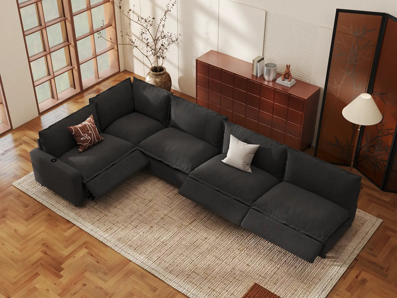 Modular Cero Recliner Sectional | 5-Piece Grey Linen Large Space L-Shaped Sectionals 5-Seater