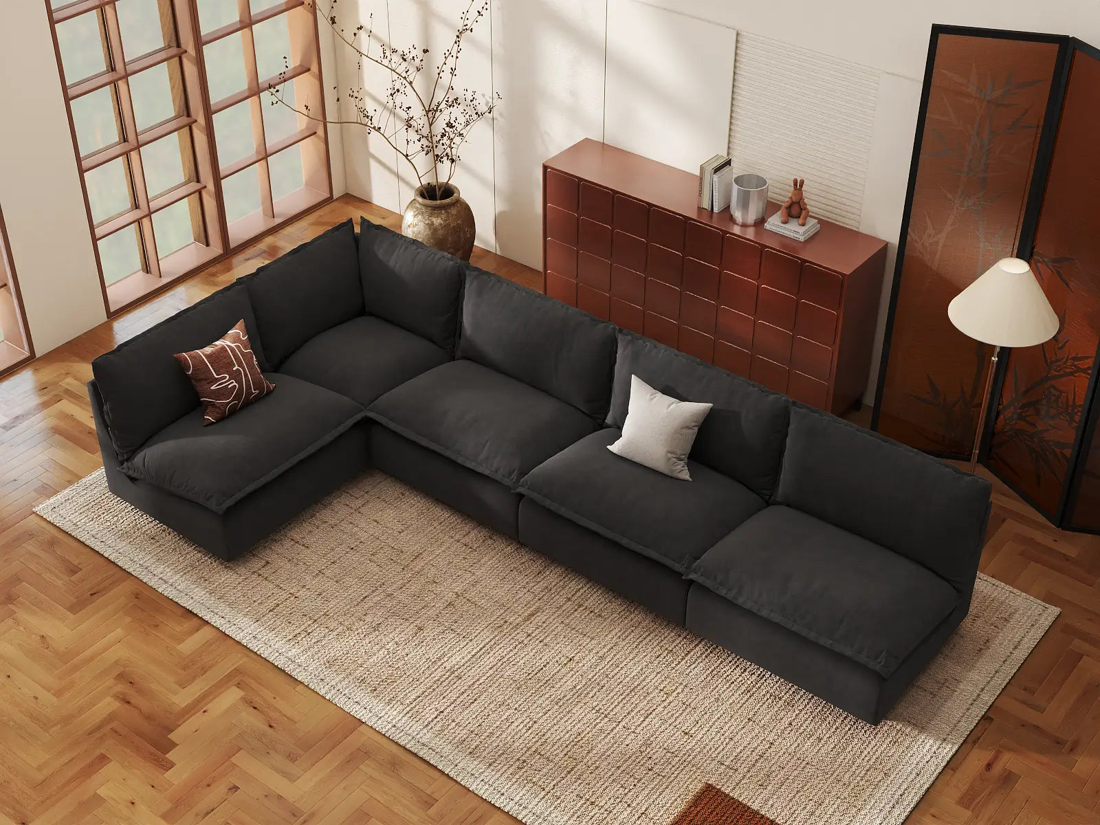 Modular Cero Modular Sectional Sofa | 5-Piece Grey Linen Large Space L-Shaped Sectionals 5-Seater
