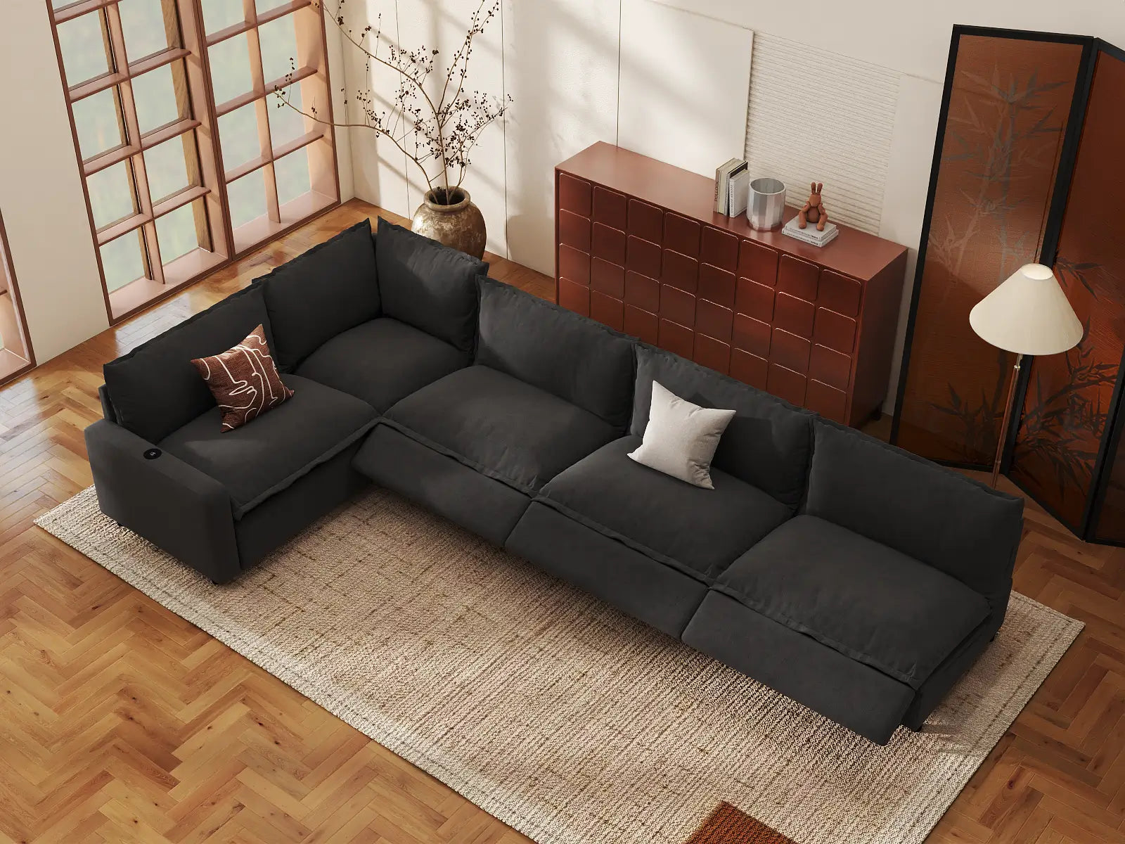Modular Cero Recliner Sectional | 5-Piece Grey Linen Large Space L-Shaped Sectionals 5-Seater