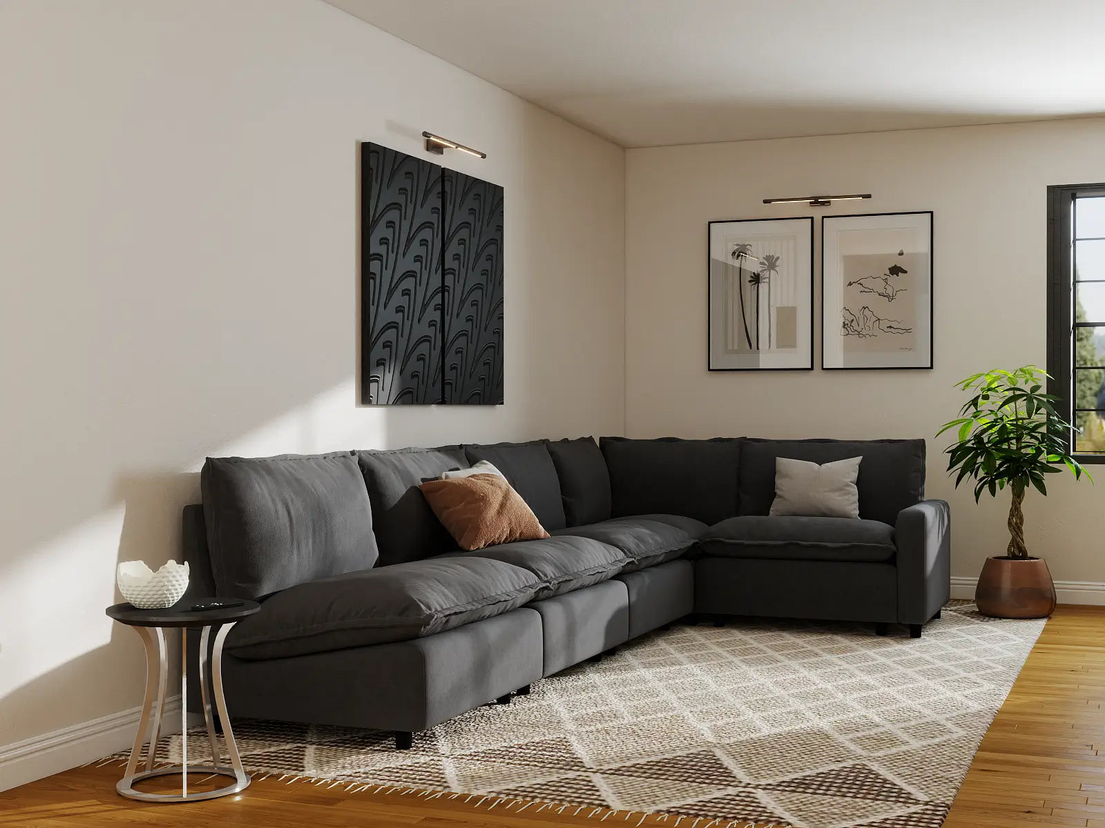 Modular Cero Modular Sectional Sofa | 5-Piece Grey Linen Large Space L-Shaped Sectionals 5-Seater