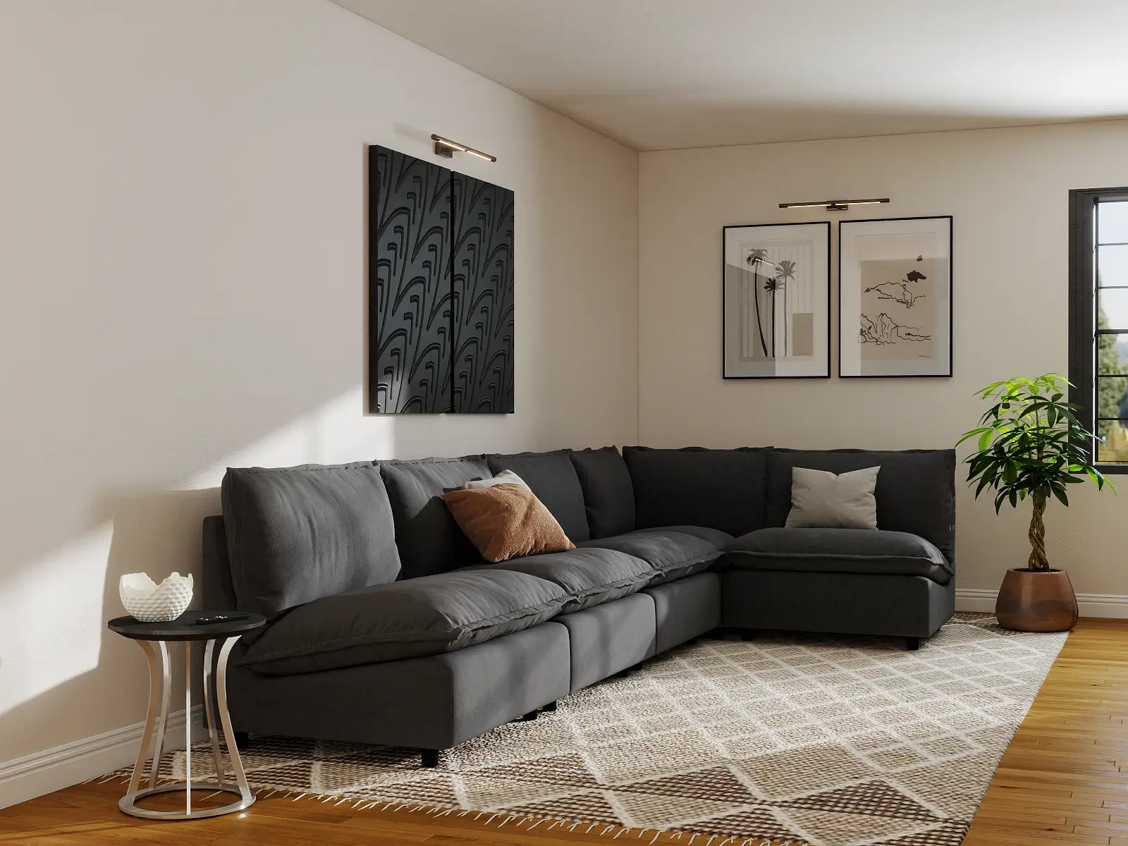 Modular Cero Modular Sectional Sofa | 5-Piece Grey Linen Large Space L-Shaped Sectionals 5-Seater