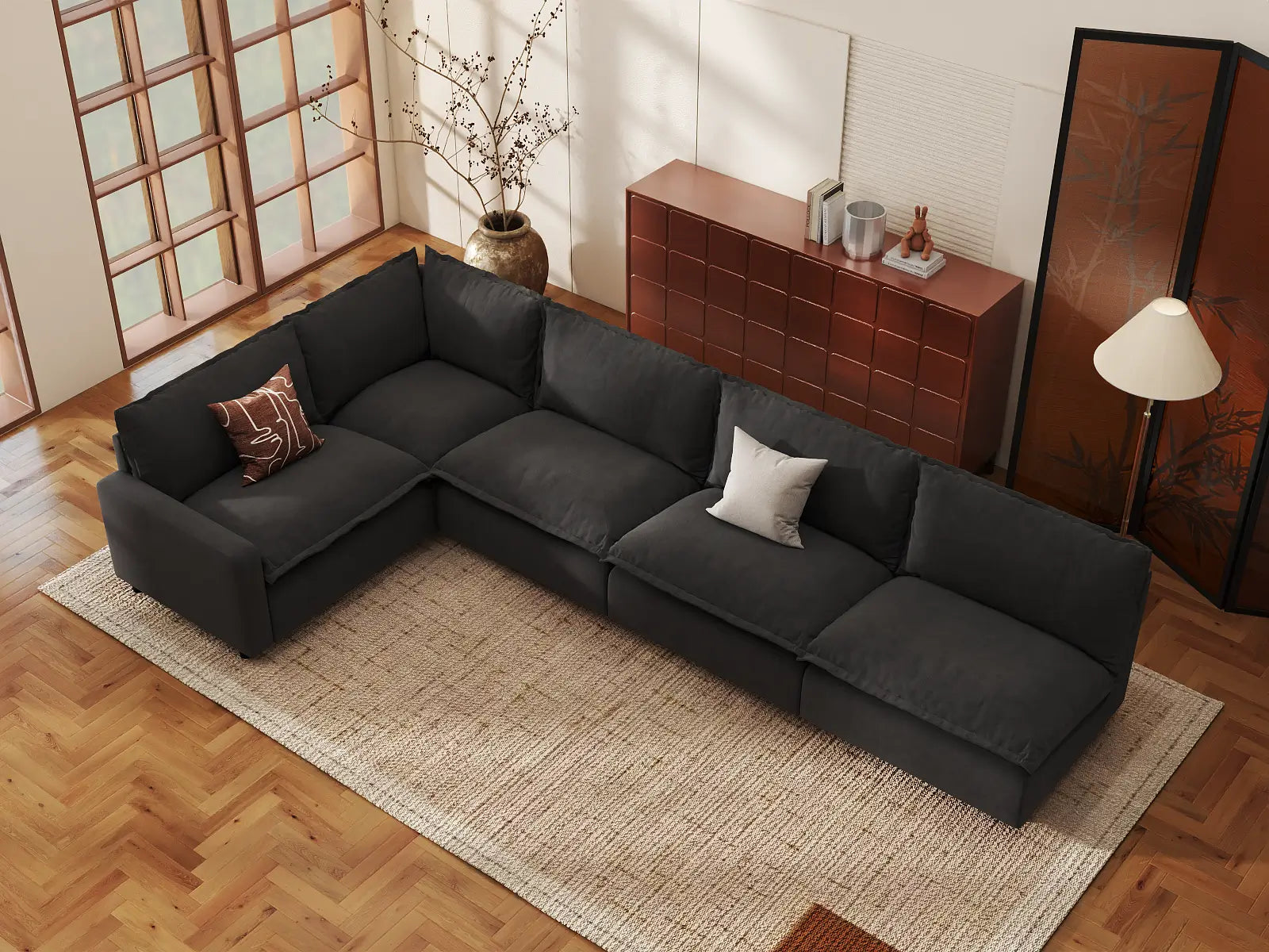 Modular Cero Modular Sectional Sofa | 5-Piece Grey Linen Large Space L-Shaped Sectionals 5-Seater
