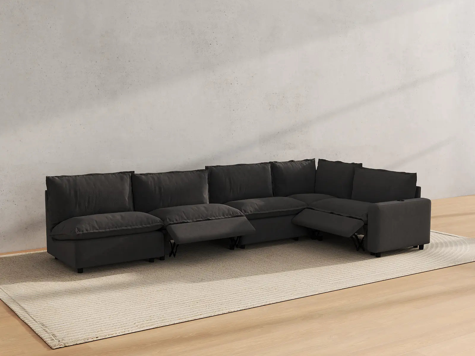 Modular Cero Large Reclining Sectional Couch | 5-Piece Grey Linen Large Space L-Shaped Sectionals 5-Seater