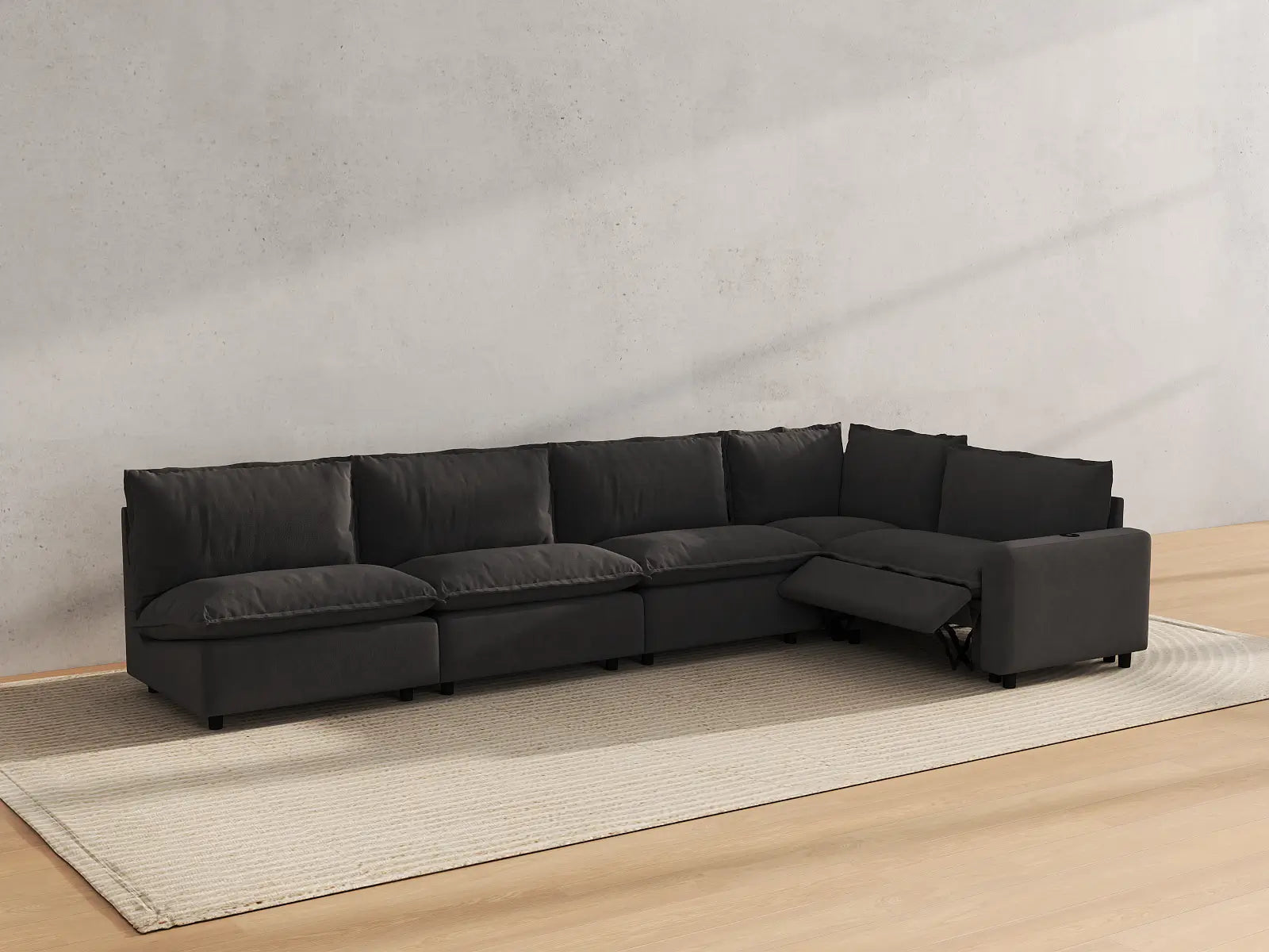 Modular Cero Reclining L Shaped Sectional | 5-Piece Grey Linen Large Space L-Shaped Sectionals 5-Seater