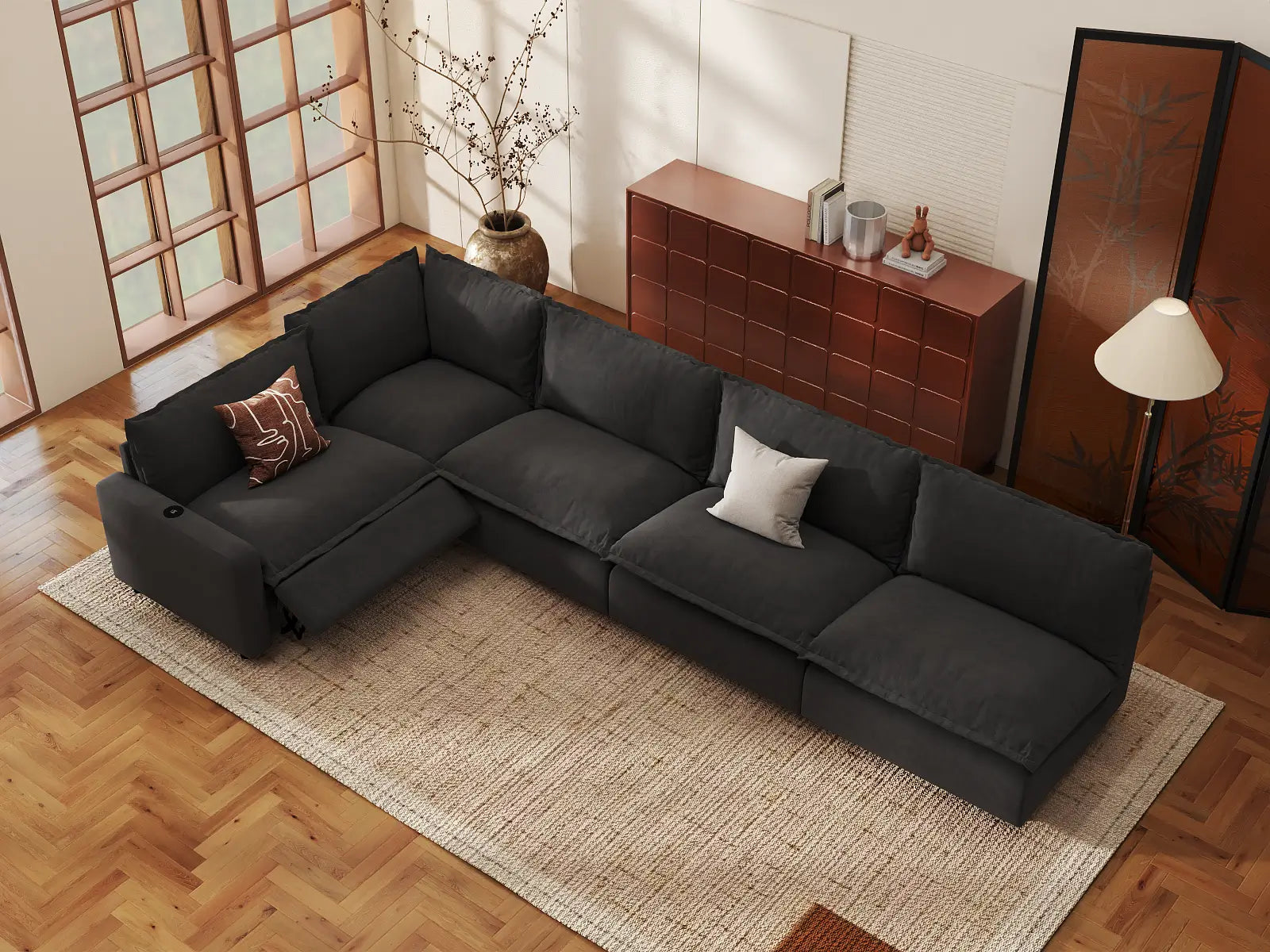 Modular Cero Reclining L Shaped Sectional | 5-Piece Grey Linen Large Space L-Shaped Sectionals 5-Seater
