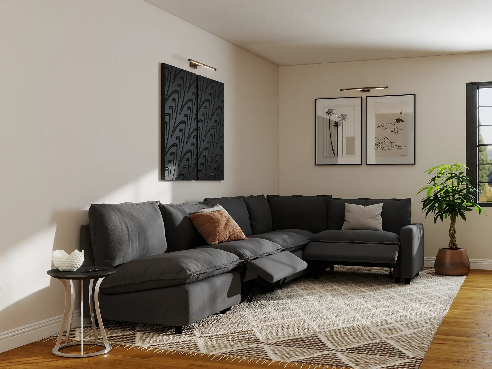 Modular Cero Large Reclining Sectional Couch | 5-Piece Grey Linen Large Space L-Shaped Sectionals 5-Seater