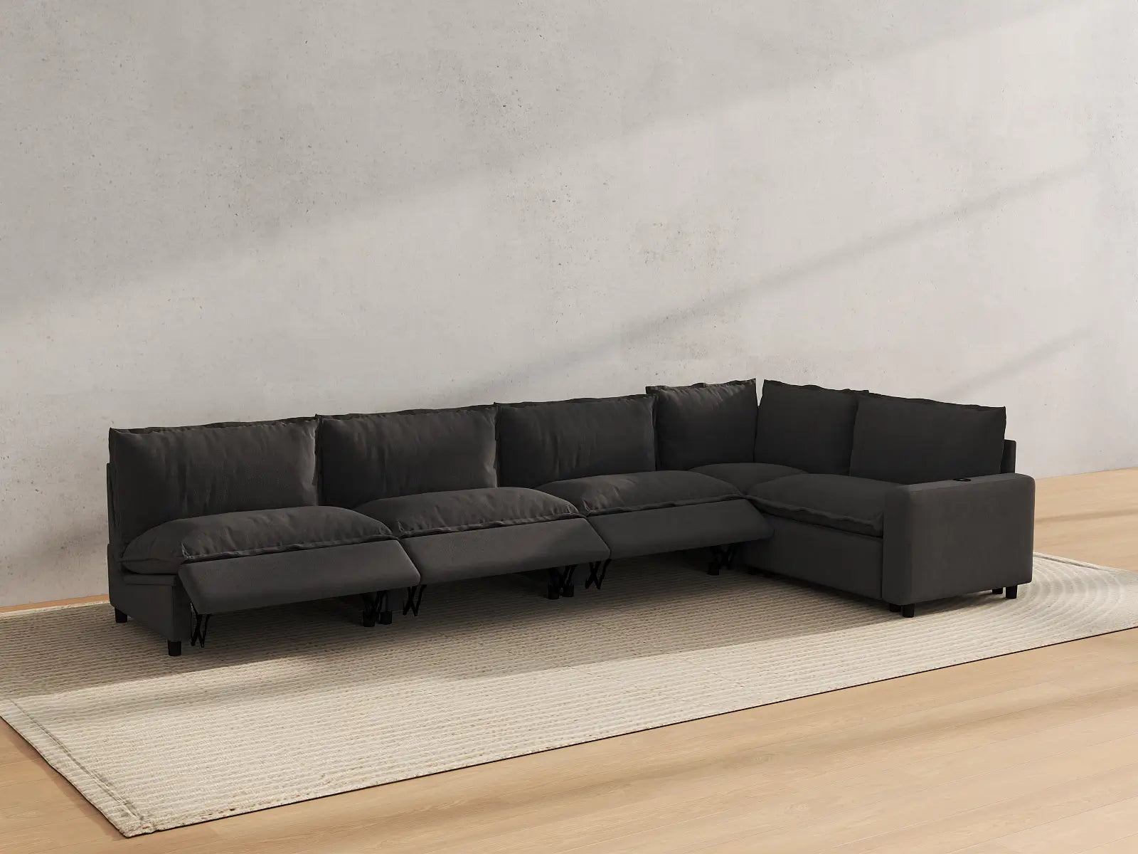 Modular Cero Recliner Sectional | 5-Piece Grey Linen Large Space L-Shaped Sectionals 5-Seater