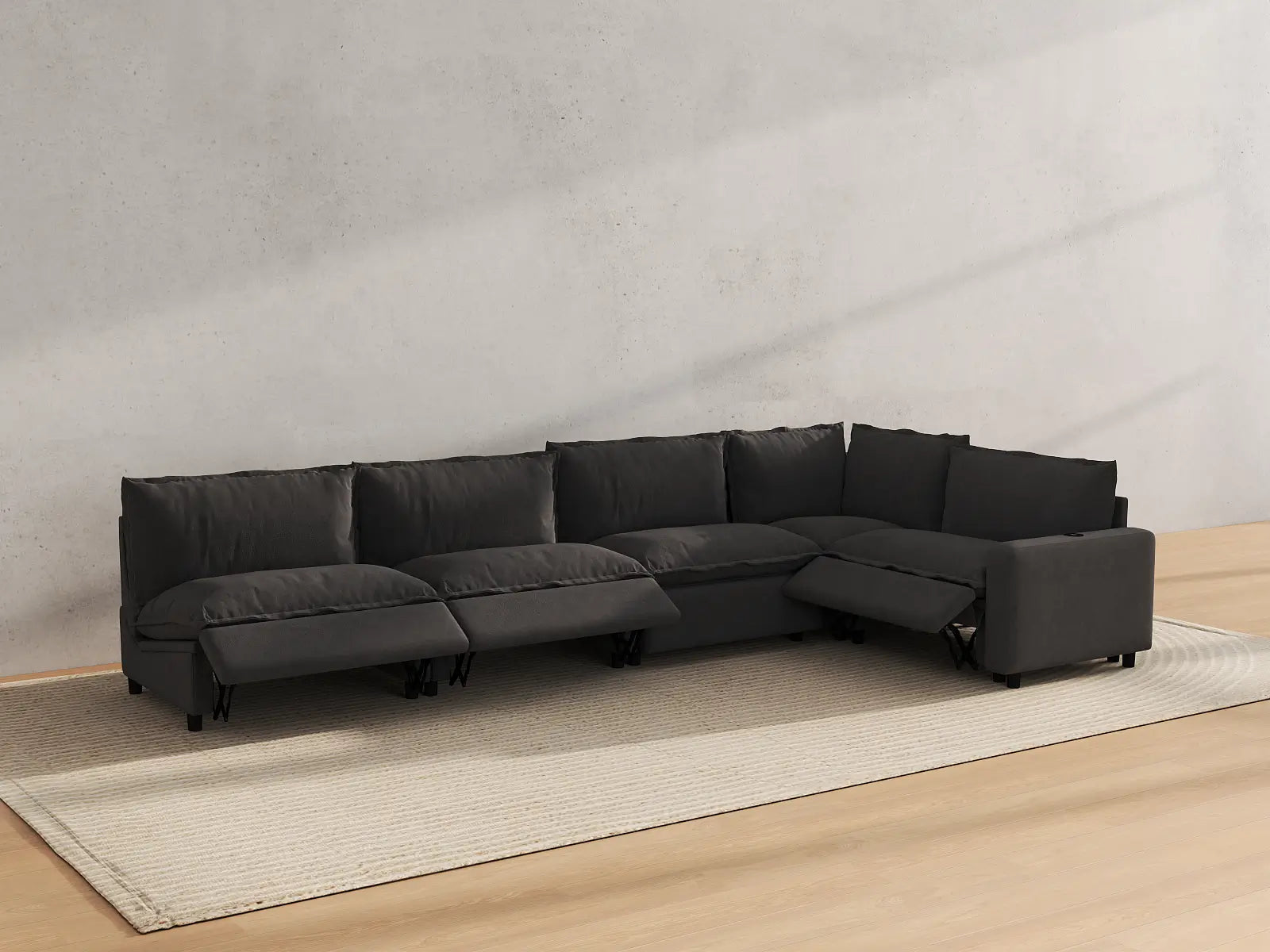 Modular Cero Recliner Sectional | 5-Piece Grey Linen Large Space L-Shaped Sectionals 5-Seater