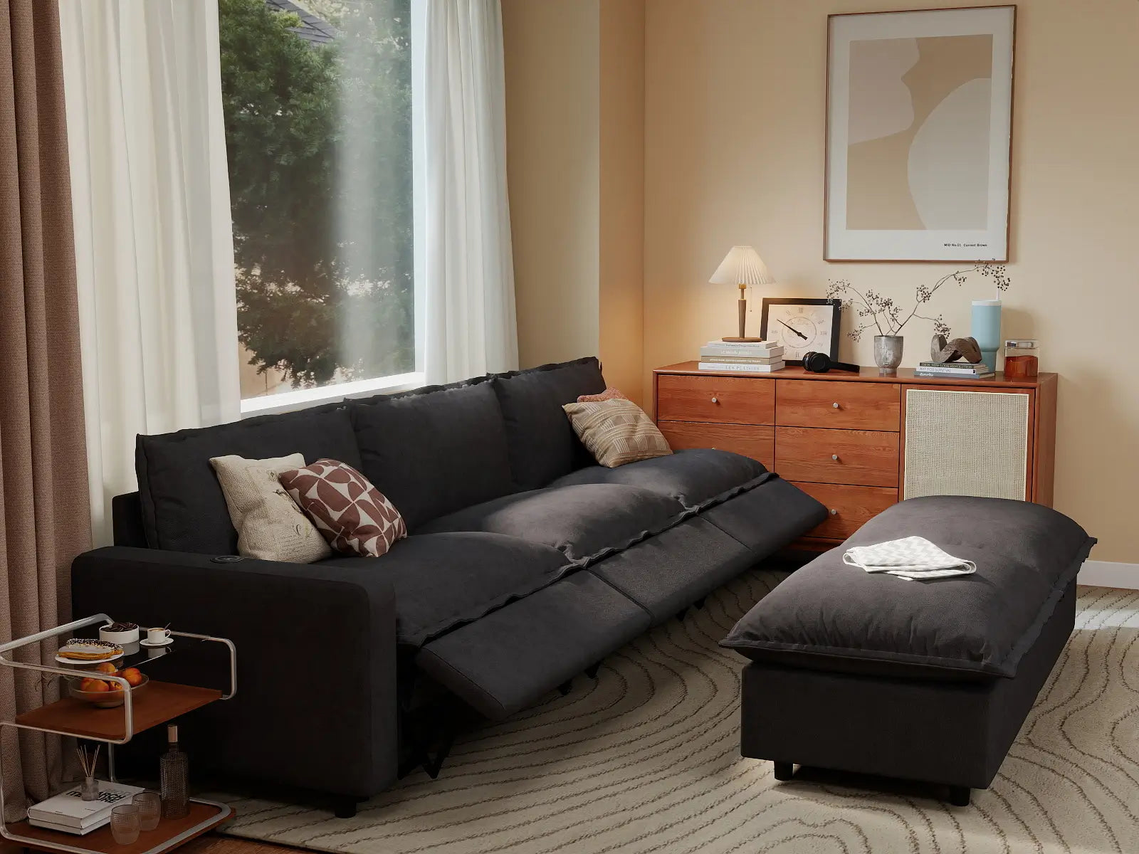 5 Piece Grey Linen Large Space Sofa Sets 3 Seater with 2 Ottomans 1