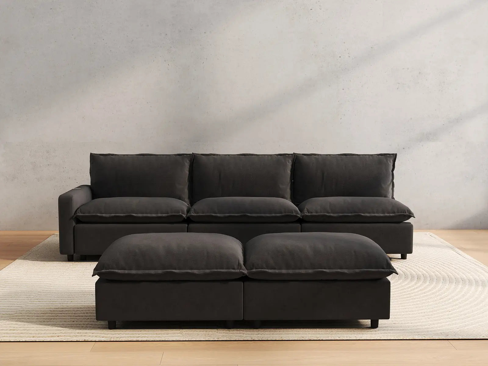 5 Piece Grey Linen Large Space Sofa Sets 3 Seater with 2 Ottomans 4