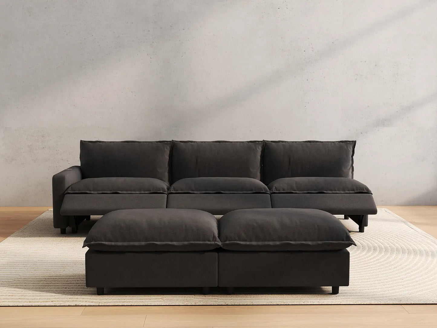 5 Piece Grey Linen Large Space Sofa Sets 3 Seater with 2 Ottomans 5