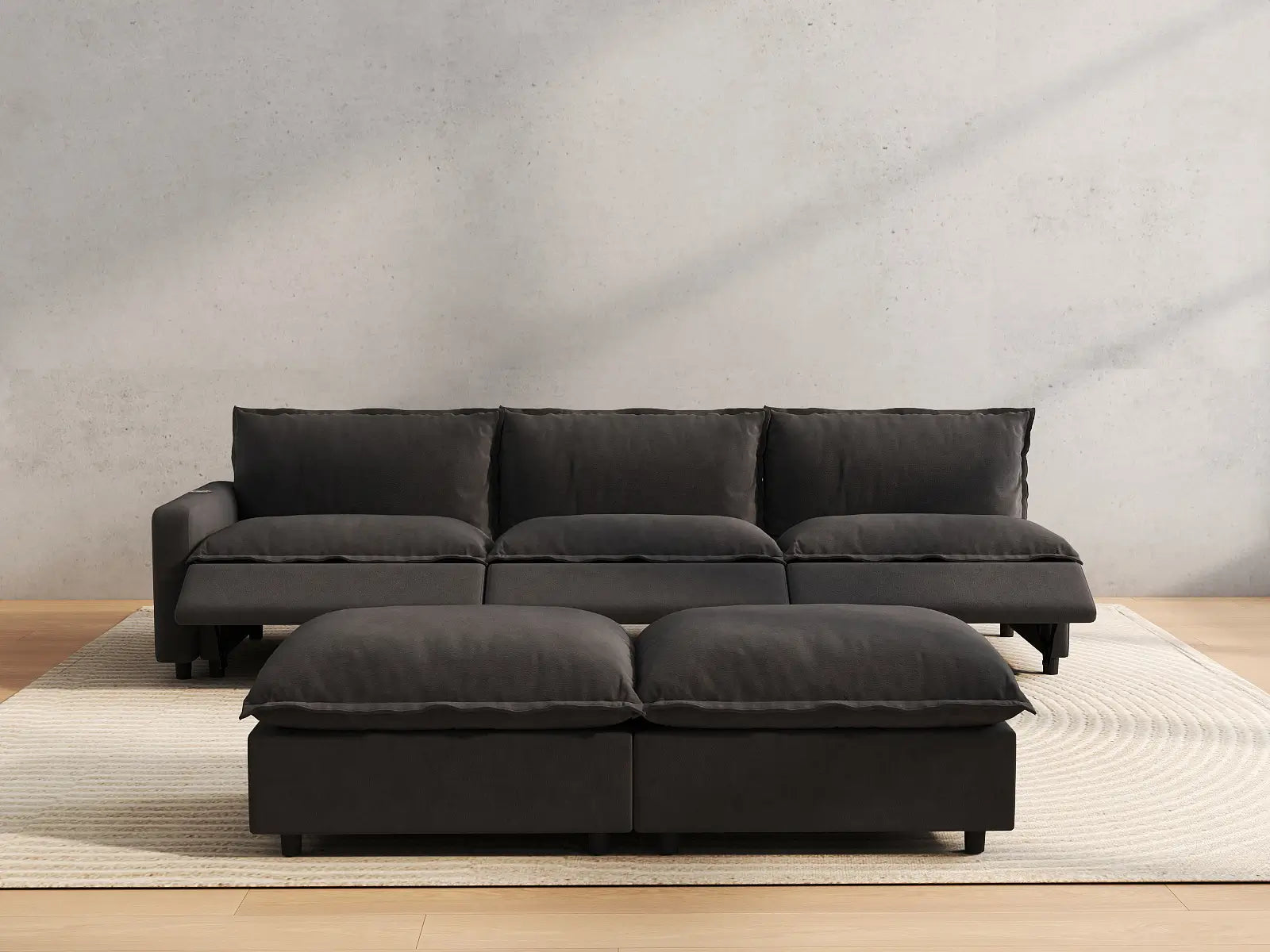 5 Piece Grey Linen Large Space Sofa Sets 3 Seater with 2 Ottomans 5