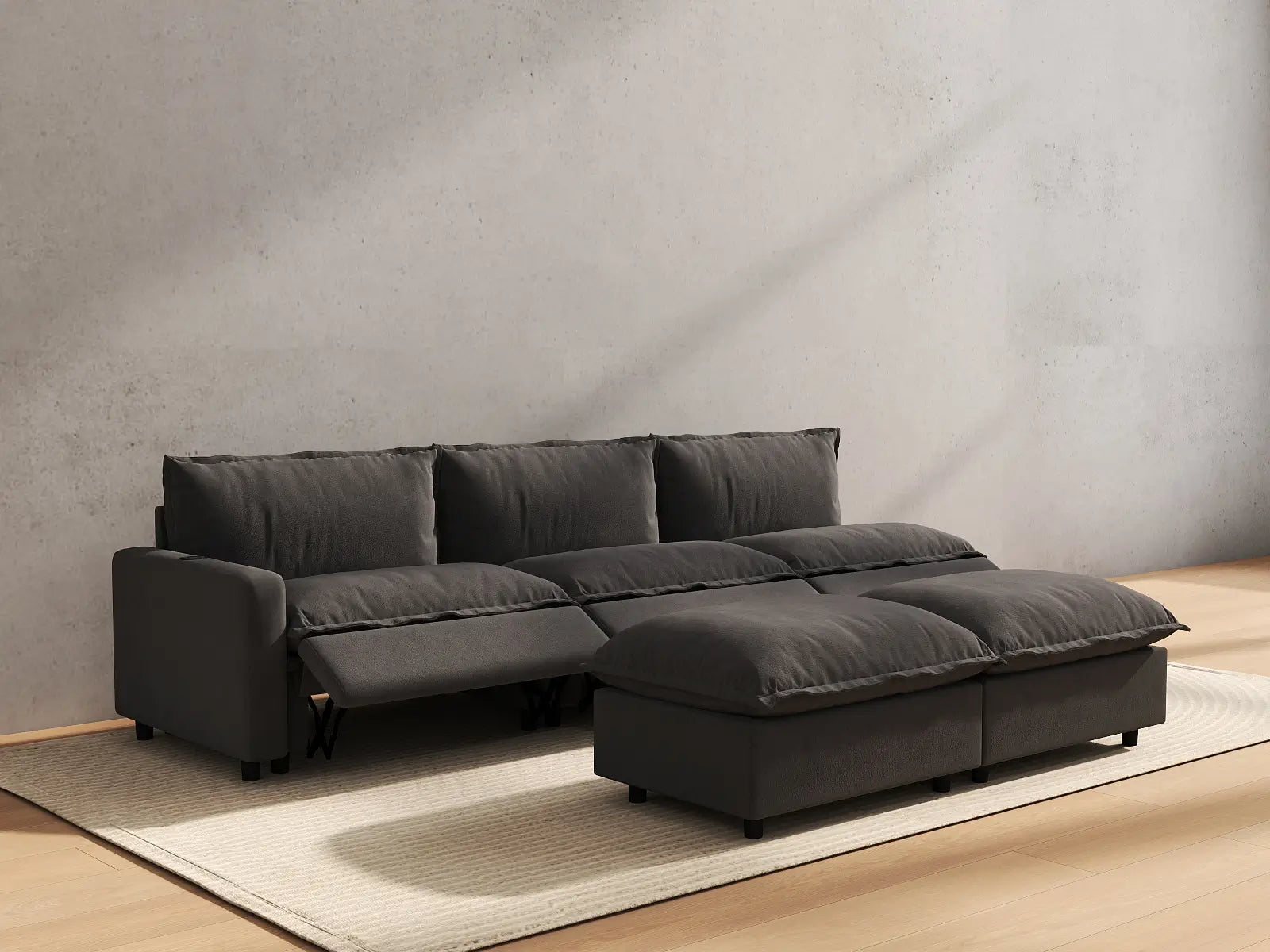 5 Piece Grey Linen Large Space Sofa Sets 3 Seater with 2 Ottomans 6