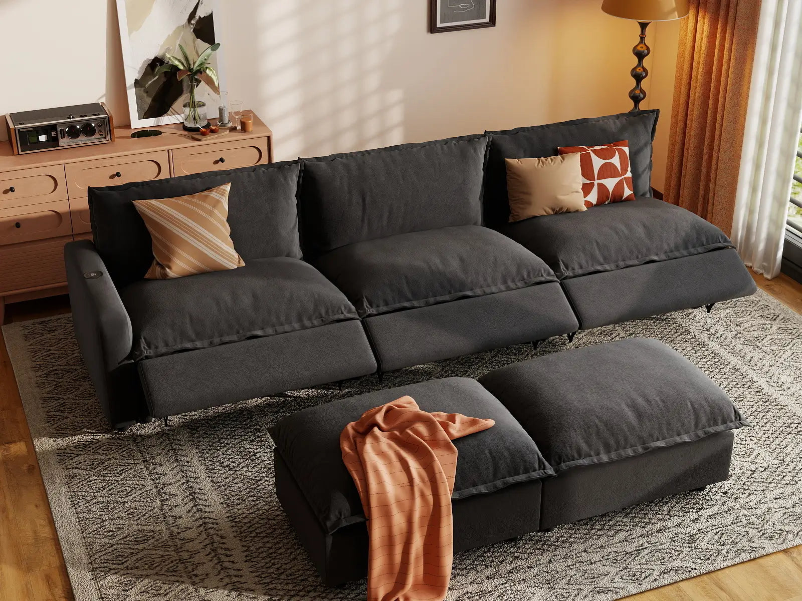 5 Piece Grey Linen Large Space Sofa Sets 3 Seater with 2 Ottomans 7