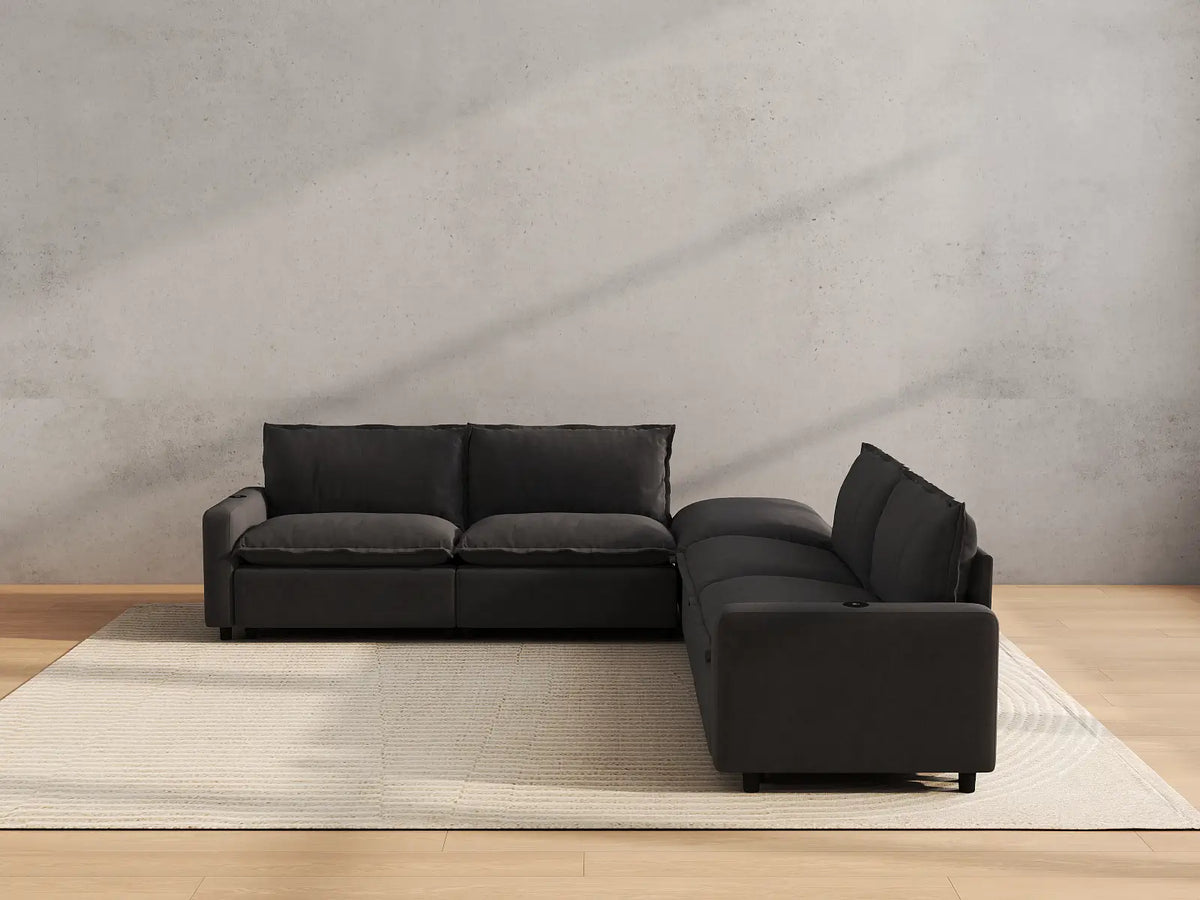 Modular Cero Reclining Sectionals | 5-Piece Grey Linen Large Space V-Shaped Sectionals 4-Seater with 1-Ottoman