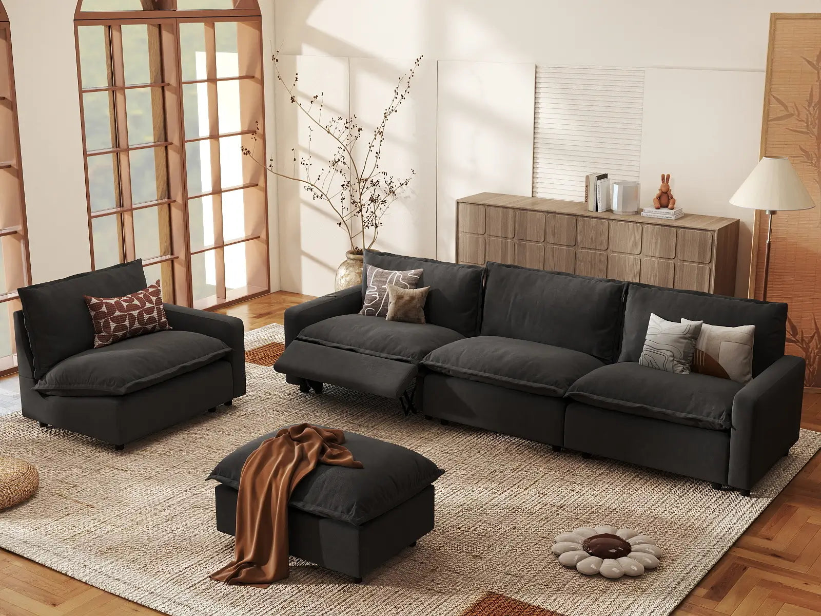 5 Piece Grey Linen Movie Night Best Sofa Sets 4 Seater with 1 Ottoman 1