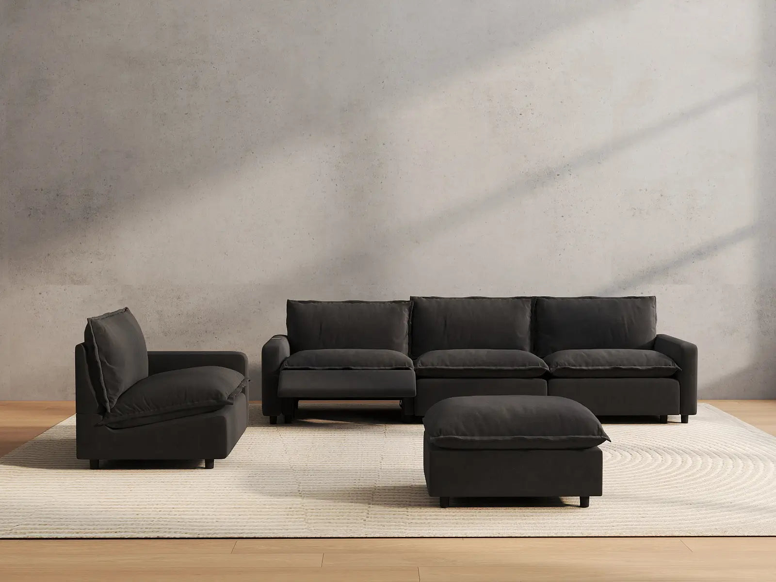 5 Piece Grey Linen Movie Night Best Sofa Sets 4 Seater with 1 Ottoman 5