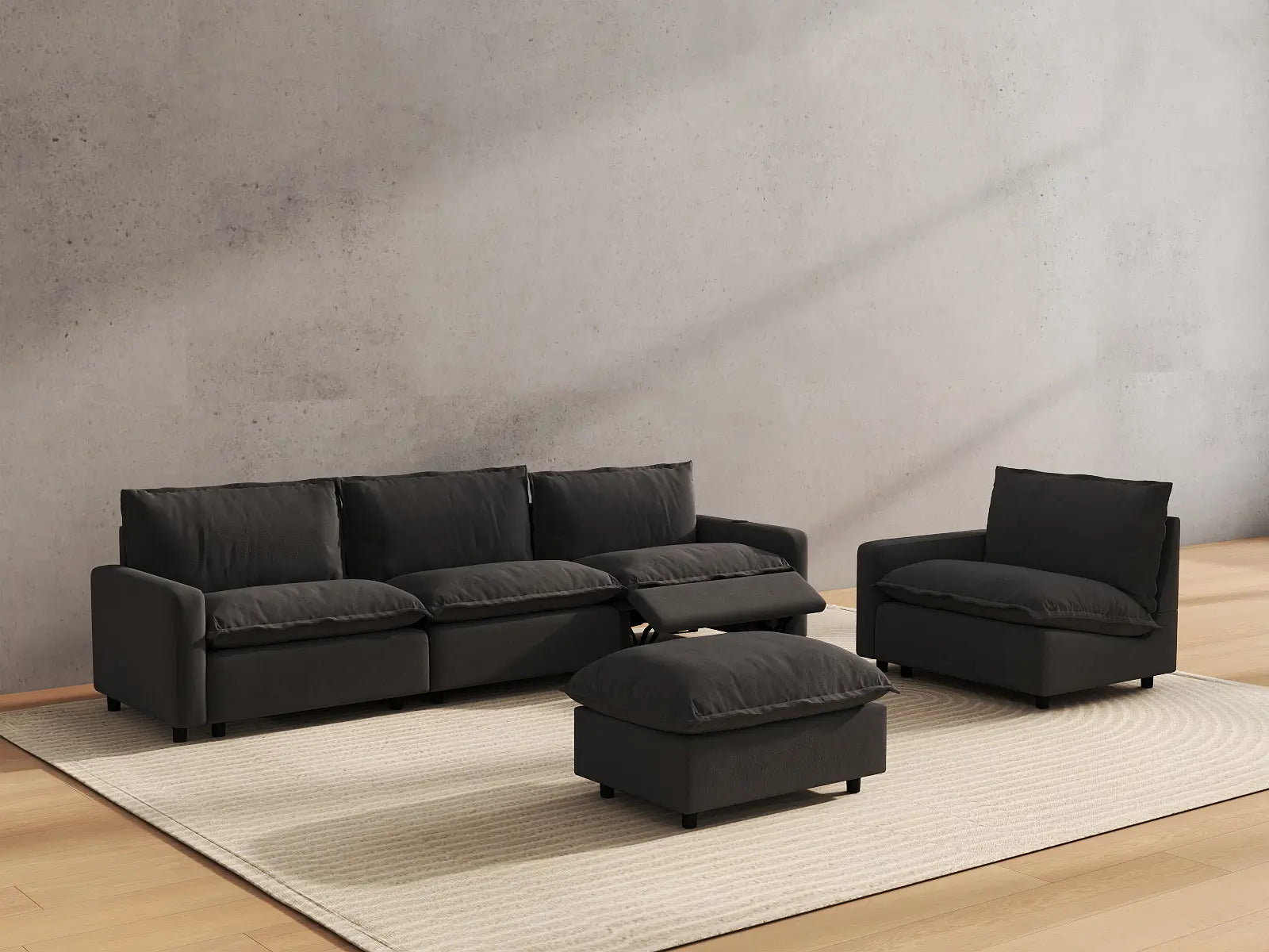 5 Piece Grey Linen Movie Night Best Sofa Sets 4 Seater with 1 Ottoman 6