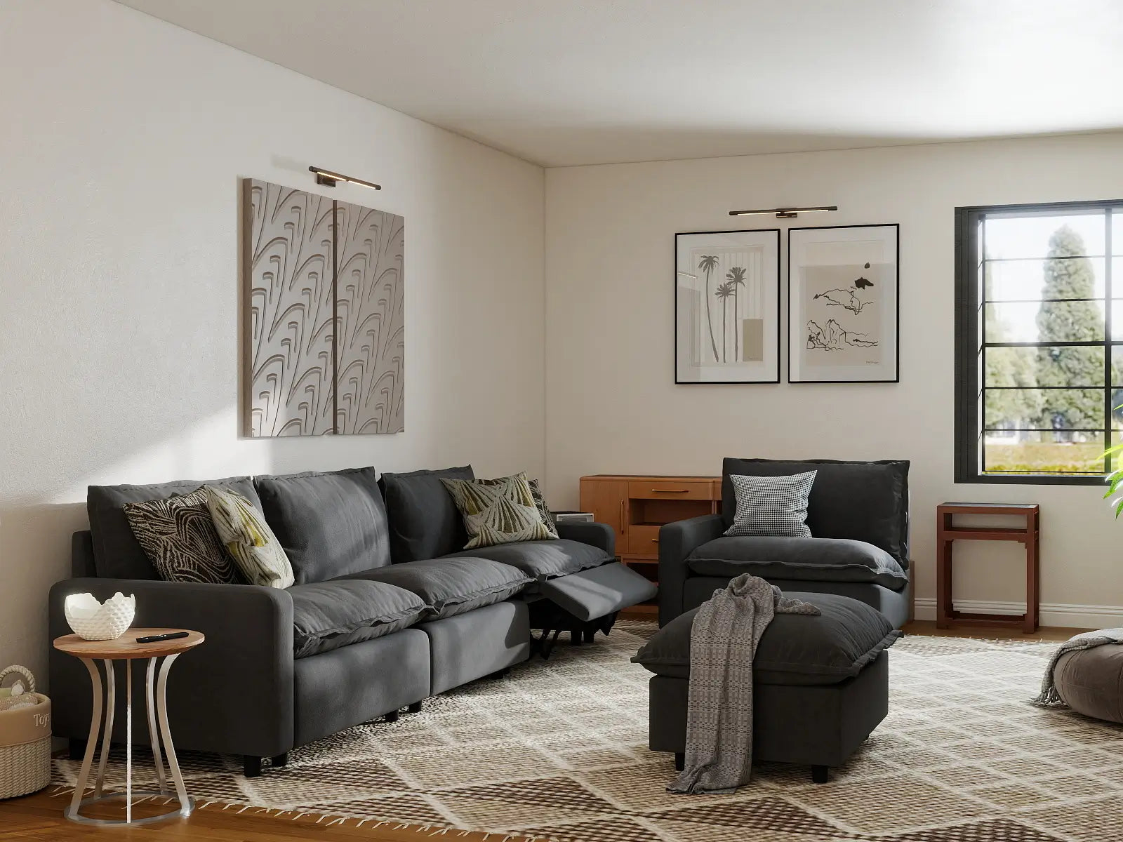 5 Piece Grey Linen Movie Night Best Sofa Sets 4 Seater with 1 Ottoman 7
