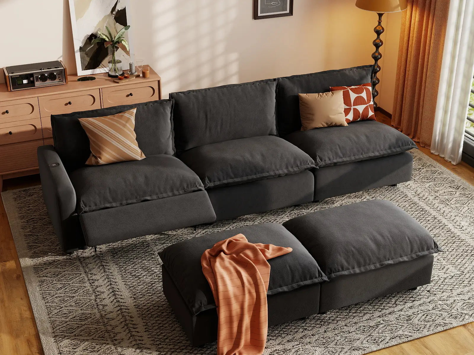 5 Piece Grey Linen Open Floor Plan Sofa Sets 3 Seater with 2 Ottomans 1