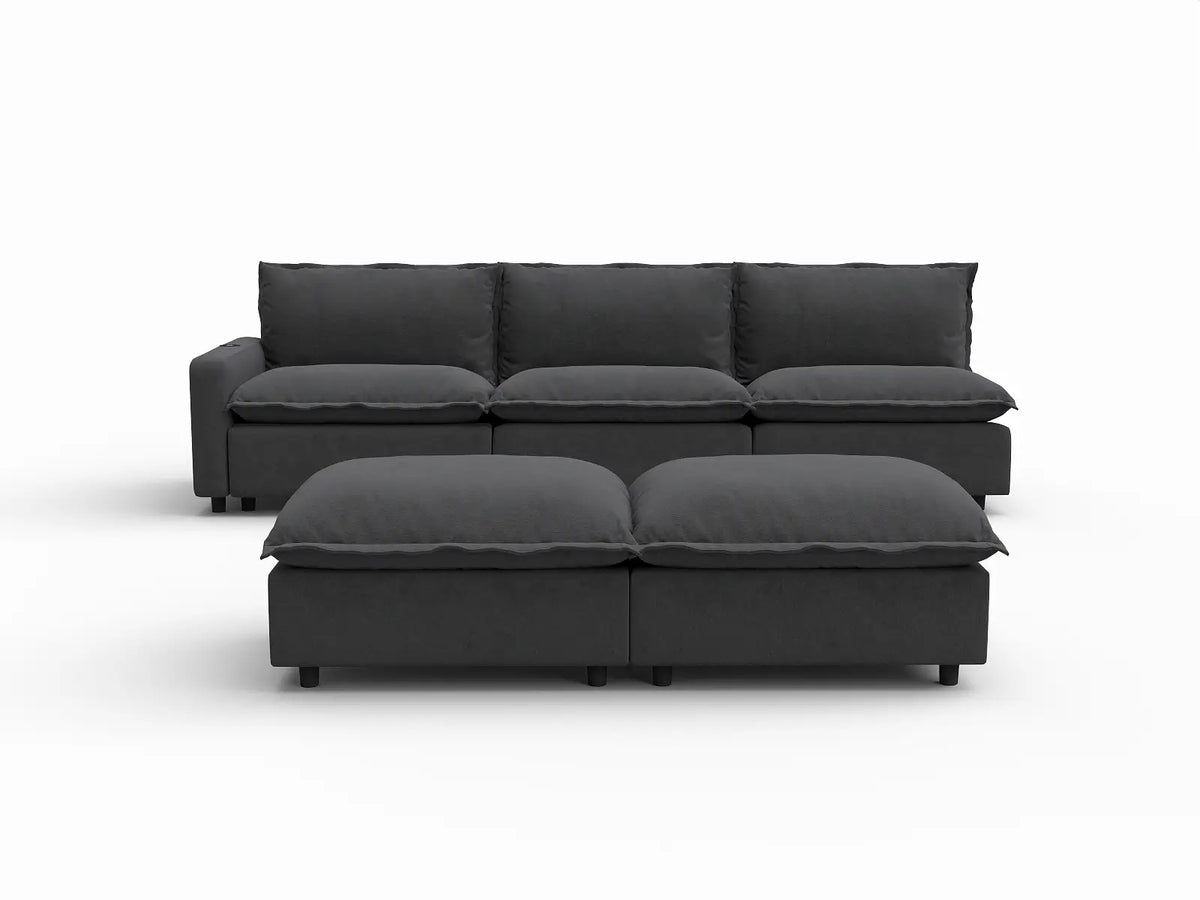 5 Piece Grey Linen Open Floor Plan Sofa Sets 3 Seater with 2 Ottomans 2