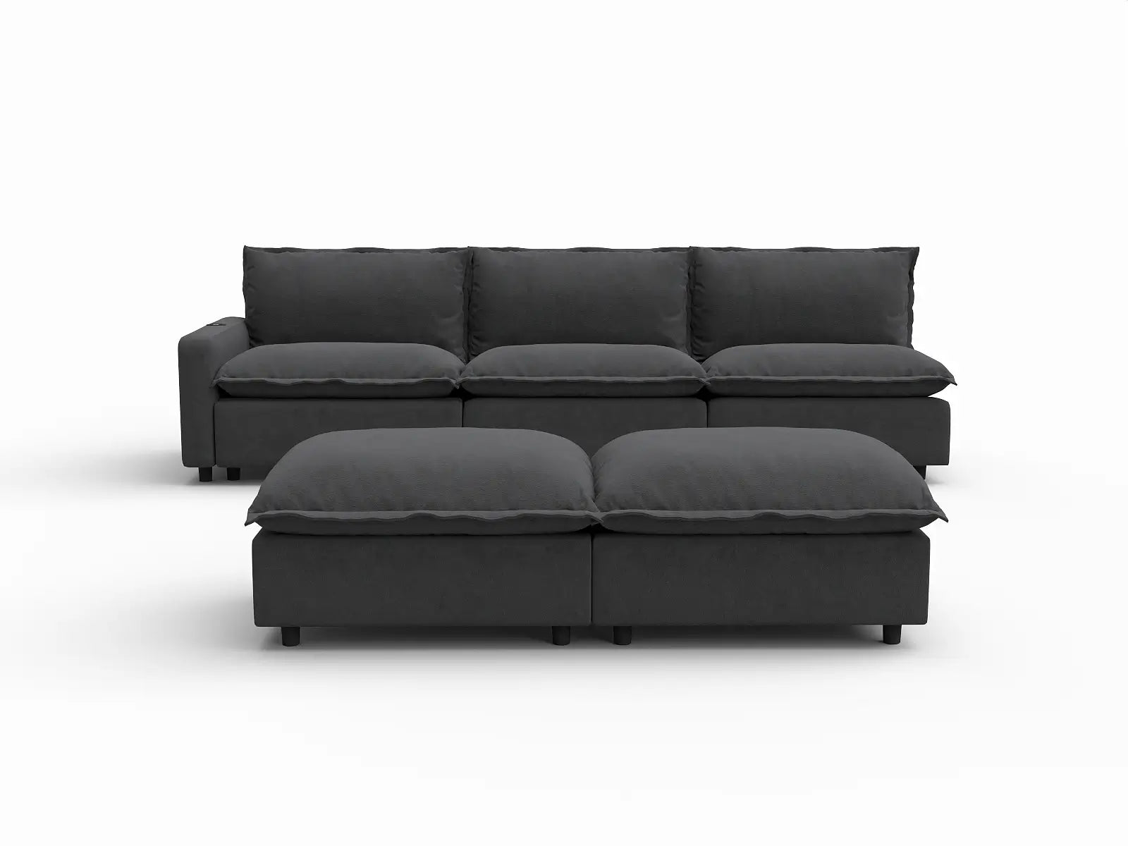 5 Piece Grey Linen Open Floor Plan Sofa Sets 3 Seater with 2 Ottomans 2