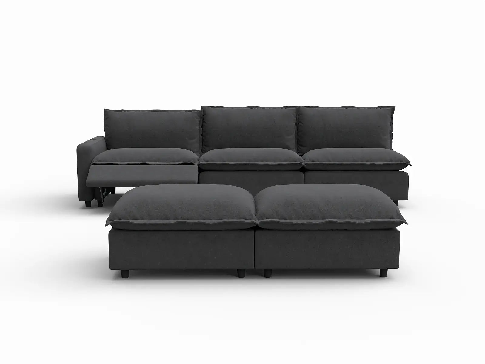 5 Piece Grey Linen Open Floor Plan Sofa Sets 3 Seater with 2 Ottomans 3