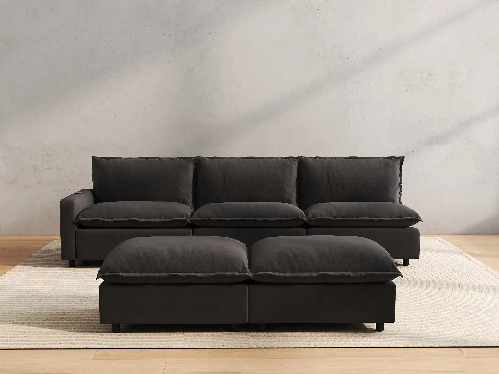 5 Piece Grey Linen Open Floor Plan Sofa Sets 3 Seater with 2 Ottomans 4