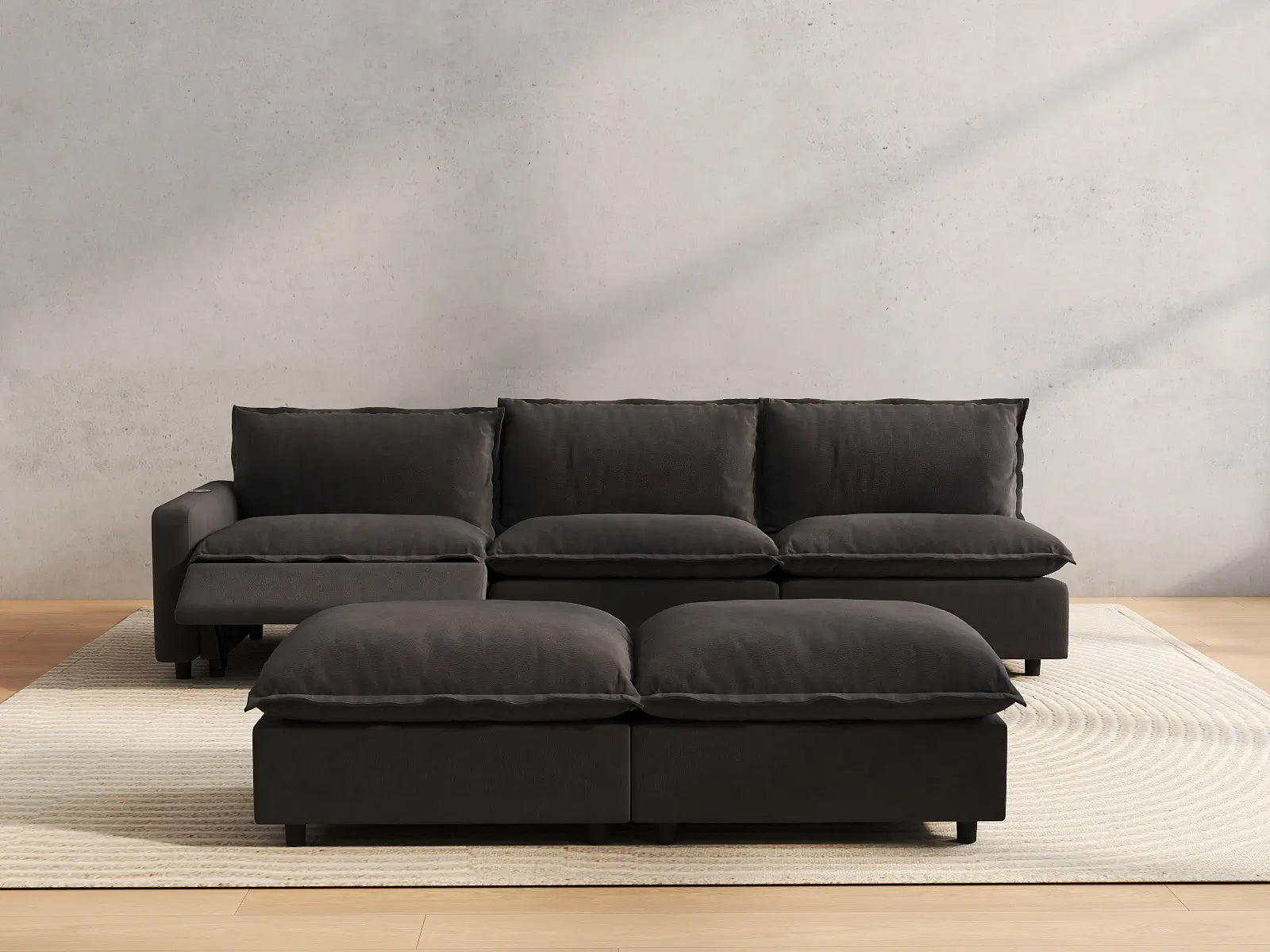 5 Piece Grey Linen Open Floor Plan Sofa Sets 3 Seater with 2 Ottomans 5