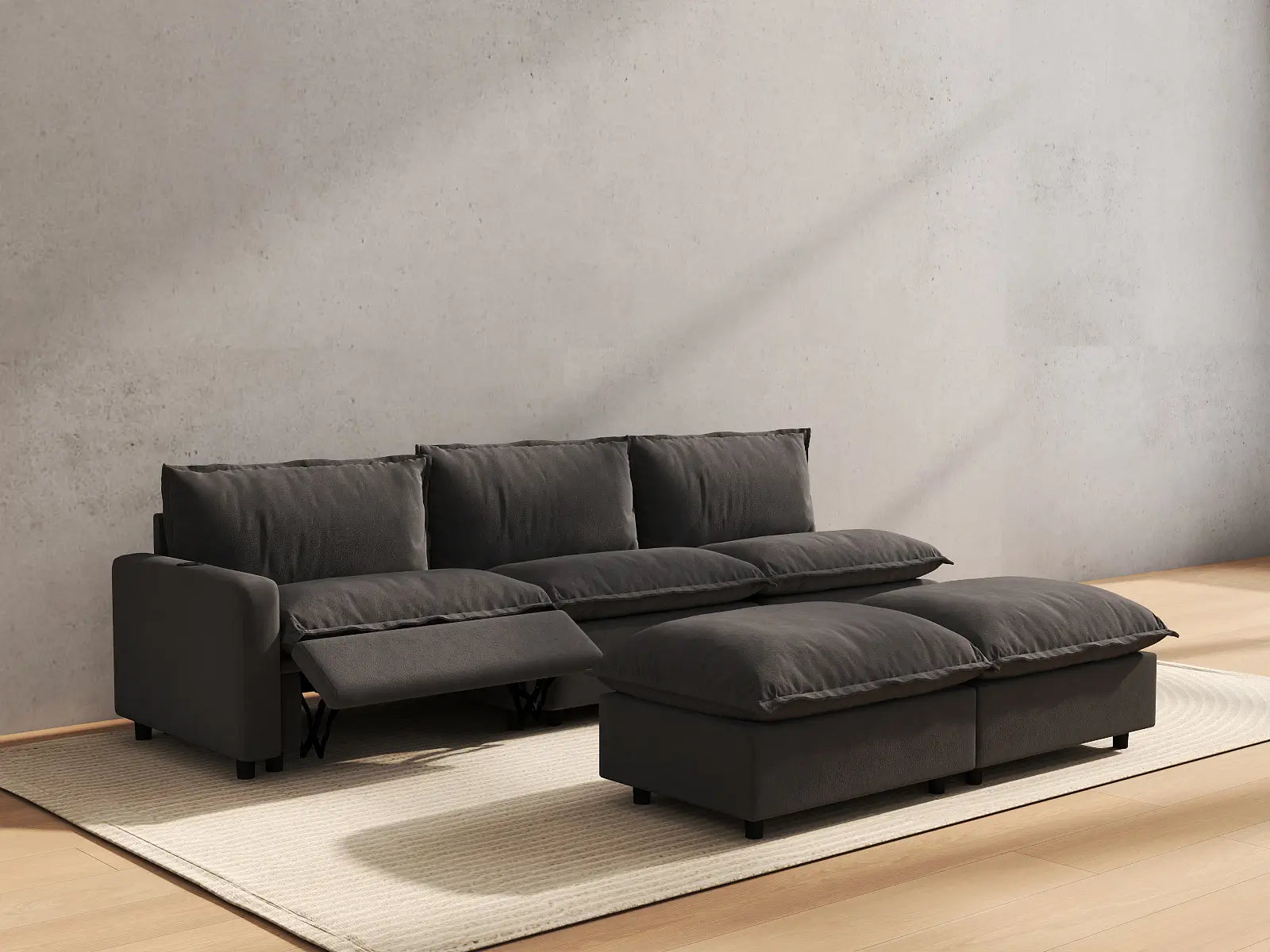 5 Piece Grey Linen Open Floor Plan Sofa Sets 3 Seater with 2 Ottomans 6