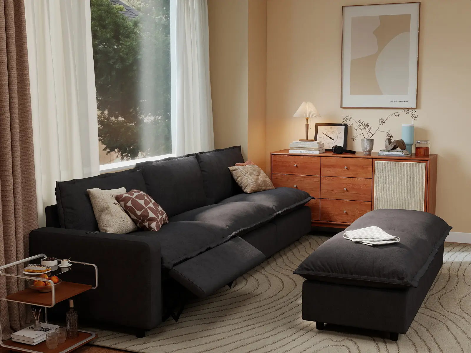 5 Piece Grey Linen Open Floor Plan Sofa Sets 3 Seater with 2 Ottomans 7