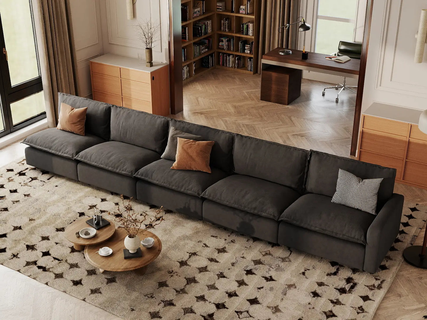 5 Piece Grey Linen Single Family Couch Sectionals 5 Seater 5