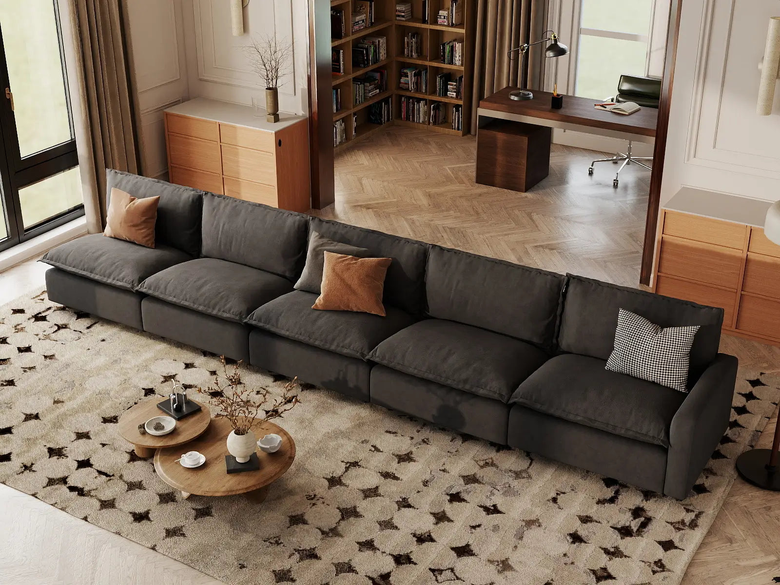 5 Piece Grey Linen Single Family Couch Sectionals 5 Seater 5