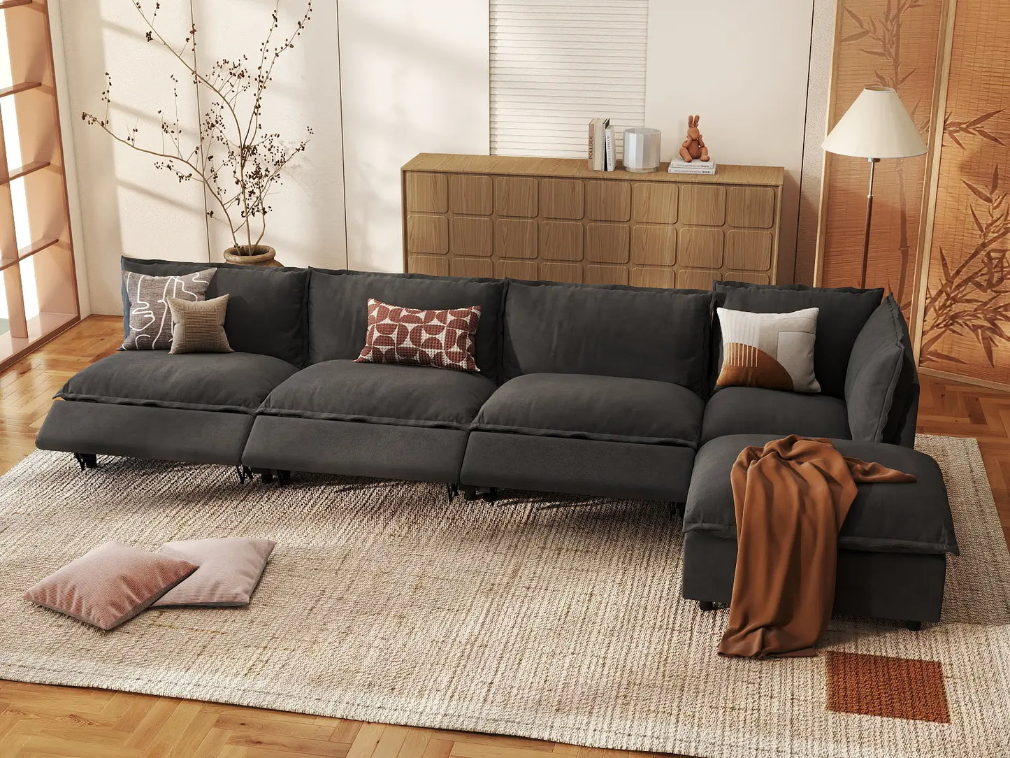 5 Piece Grey Linen Smooth Operation L Shaped Sectionals 4 Seater with 1 Ottoman 1