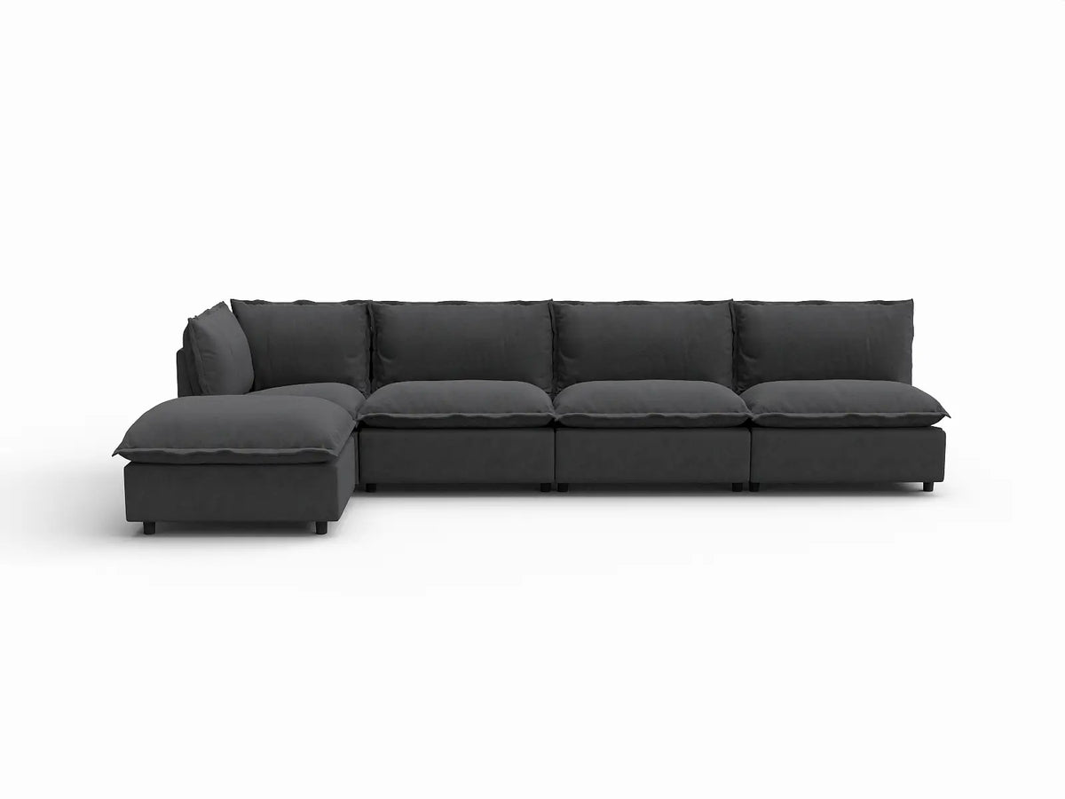 5 Piece Grey Linen Smooth Operation L Shaped Sectionals 4 Seater with 1 Ottoman 2