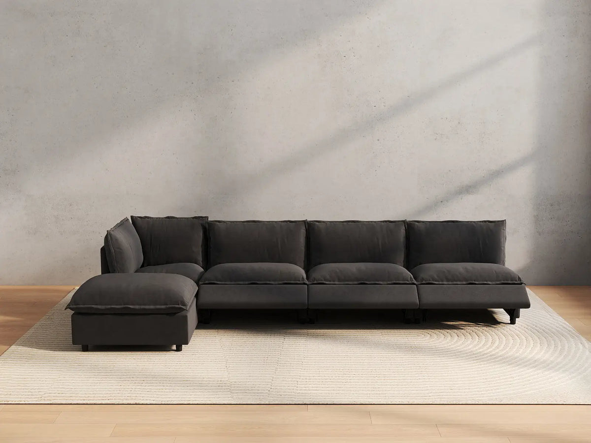 5 Piece Grey Linen Smooth Operation L Shaped Sectionals 4 Seater with 1 Ottoman 5