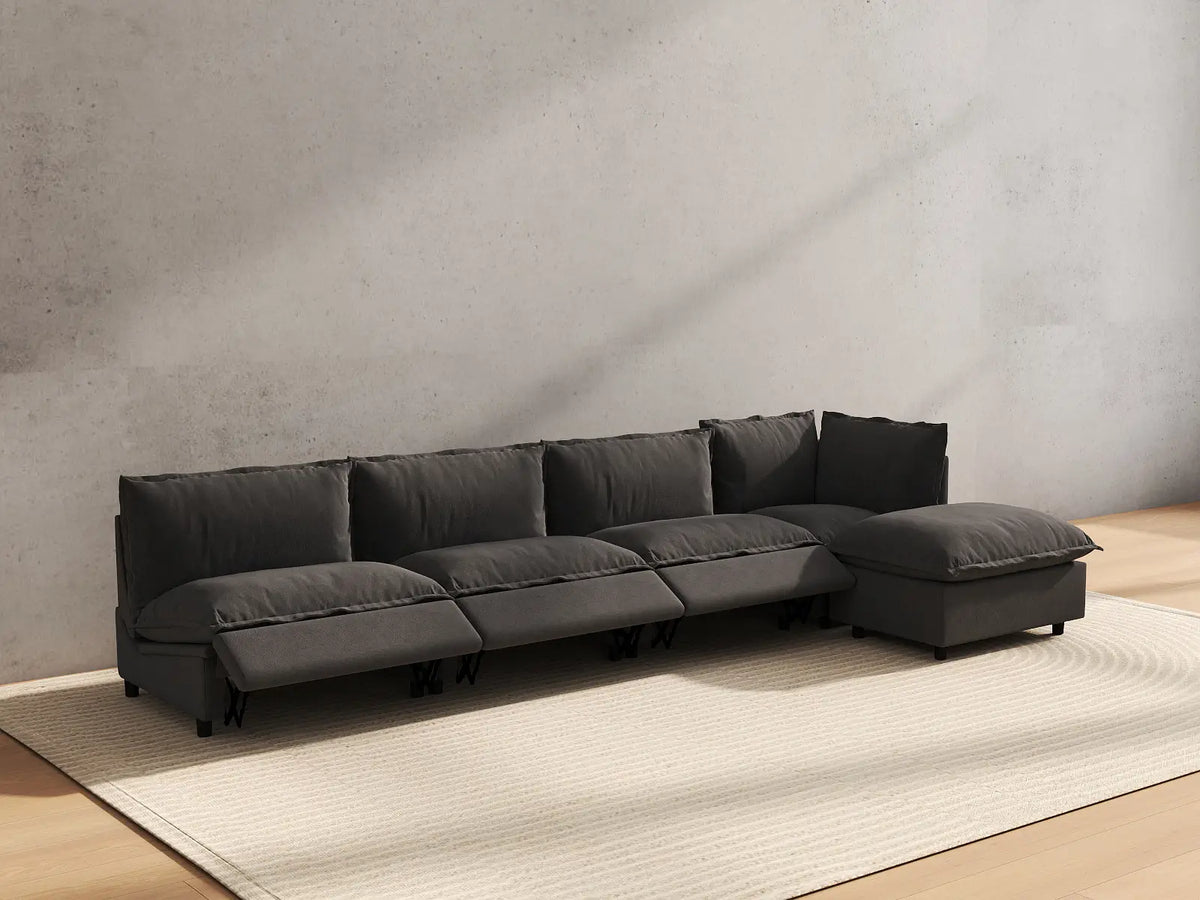 5 Piece Grey Linen Smooth Operation L Shaped Sectionals 4 Seater with 1 Ottoman 6