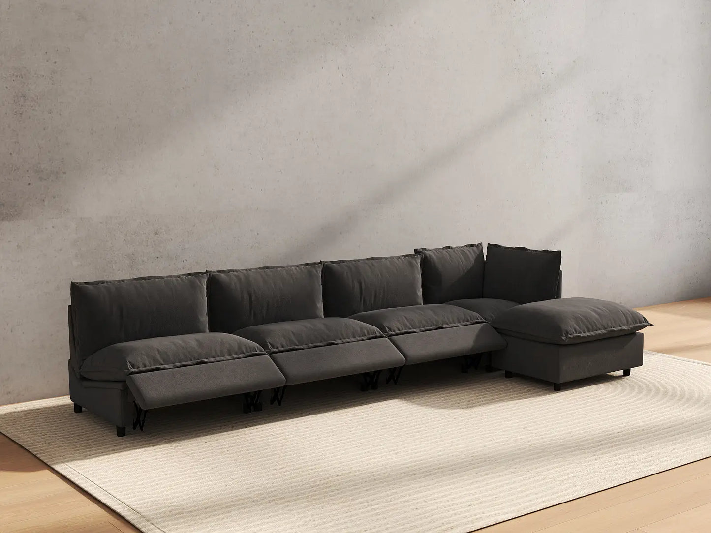 5 Piece Grey Linen Smooth Operation L Shaped Sectionals 4 Seater with 1 Ottoman 6