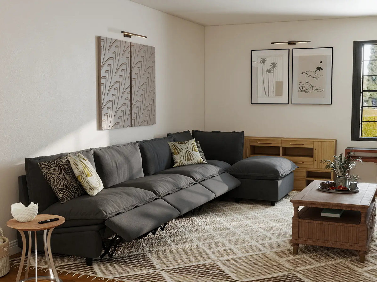 5 Piece Grey Linen Smooth Operation L Shaped Sectionals 4 Seater with 1 Ottoman 7