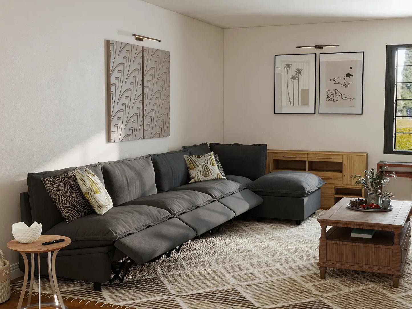 5 Piece Grey Linen Smooth Operation L Shaped Sectionals 4 Seater with 1 Ottoman 7