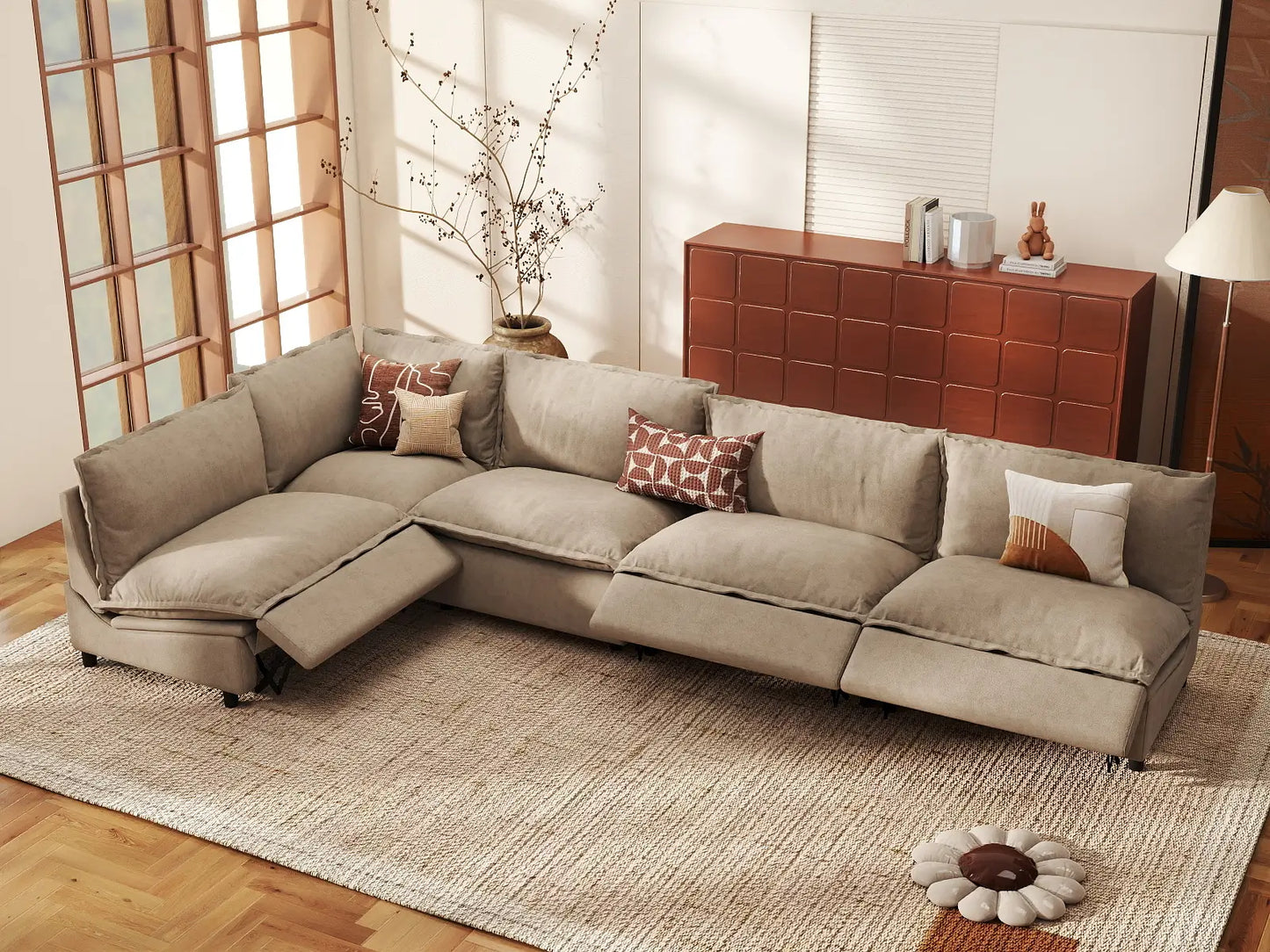 5 Piece Khaki Linen Dark Mode L Shaped Sectionals 5 Seater 1