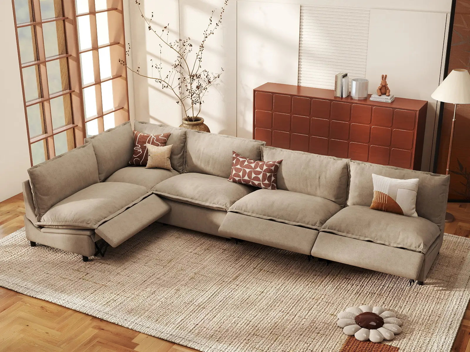 5 Piece Khaki Linen Dark Mode L Shaped Sectionals 5 Seater 1