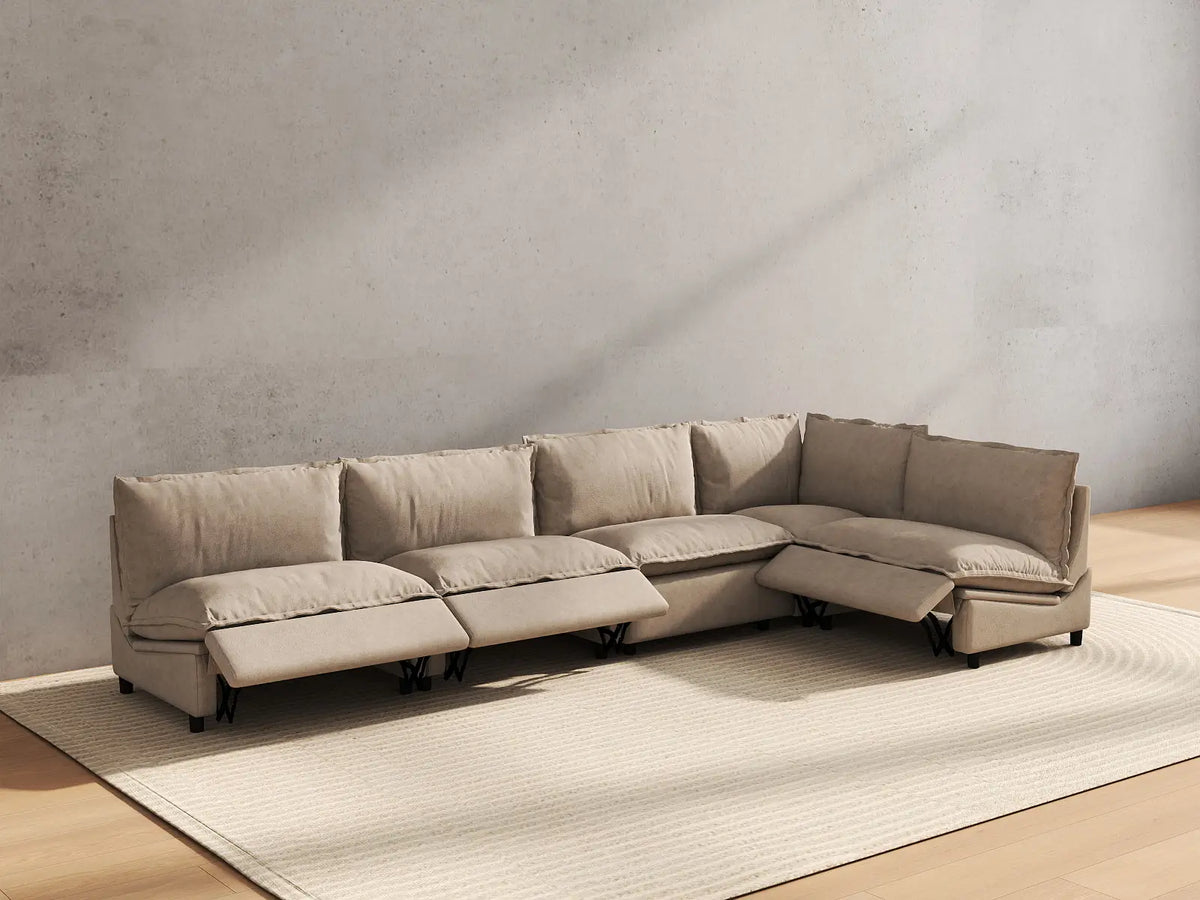 5 Piece Khaki Linen Dark Mode L Shaped Sectionals 5 Seater 6