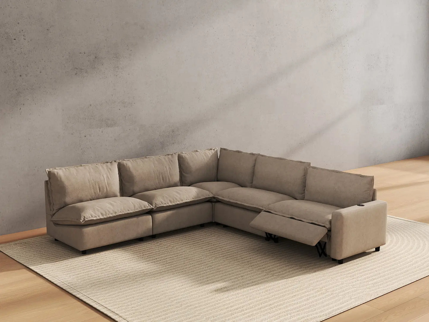 5 Piece Khaki Linen Great Room V Shaped Sectionals 5 Seater 6